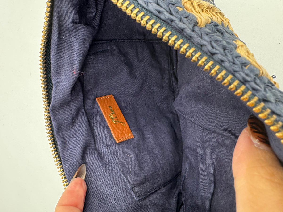 Blue J. Crew rattan clutch