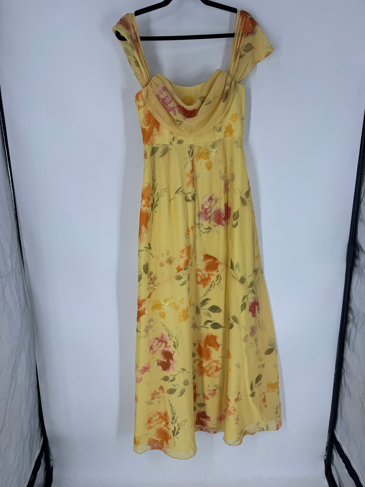 Yellow Birdy Gray Floral maxi w/slit, M