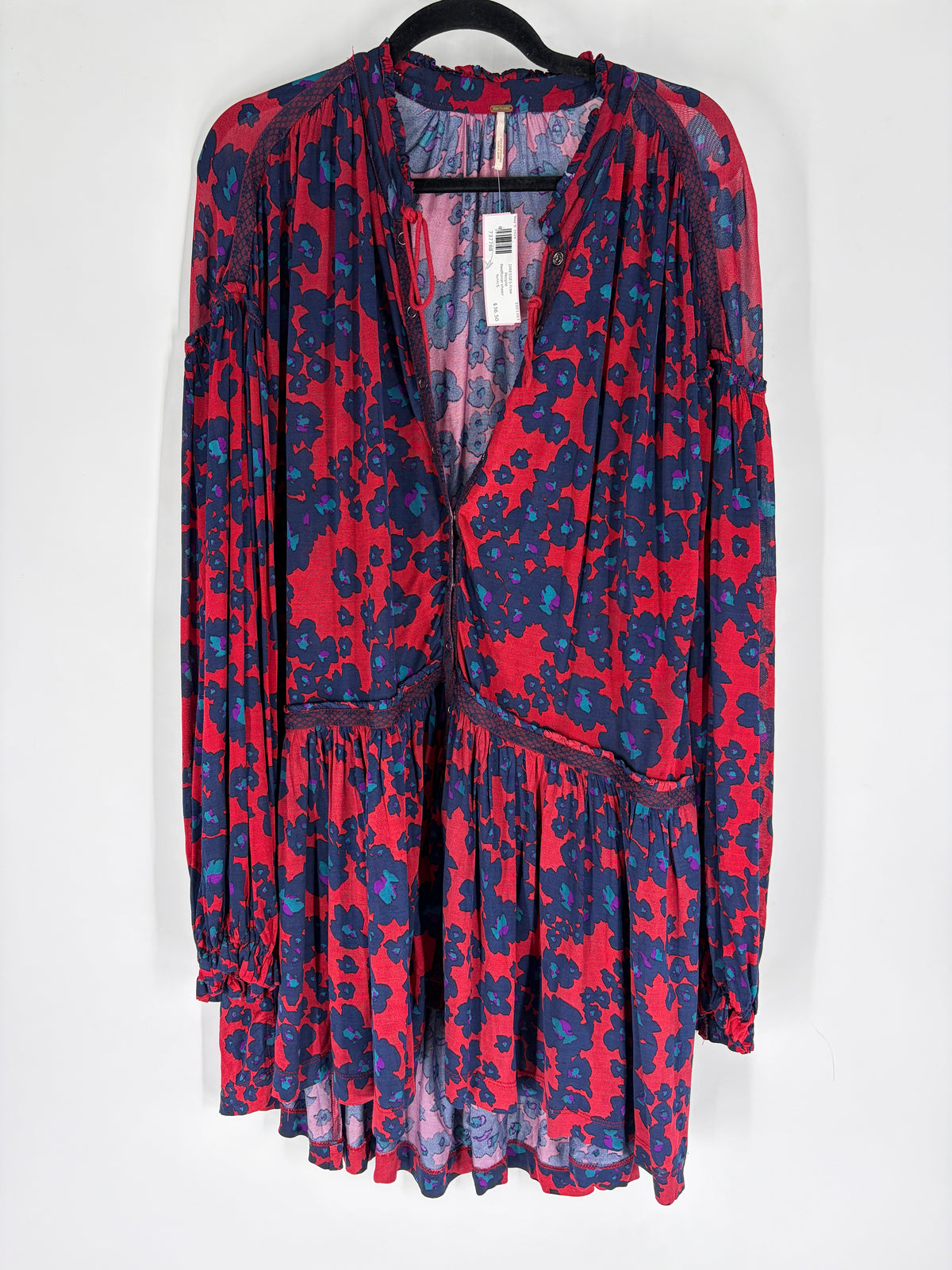 Red Free People floral sheer tunic, S