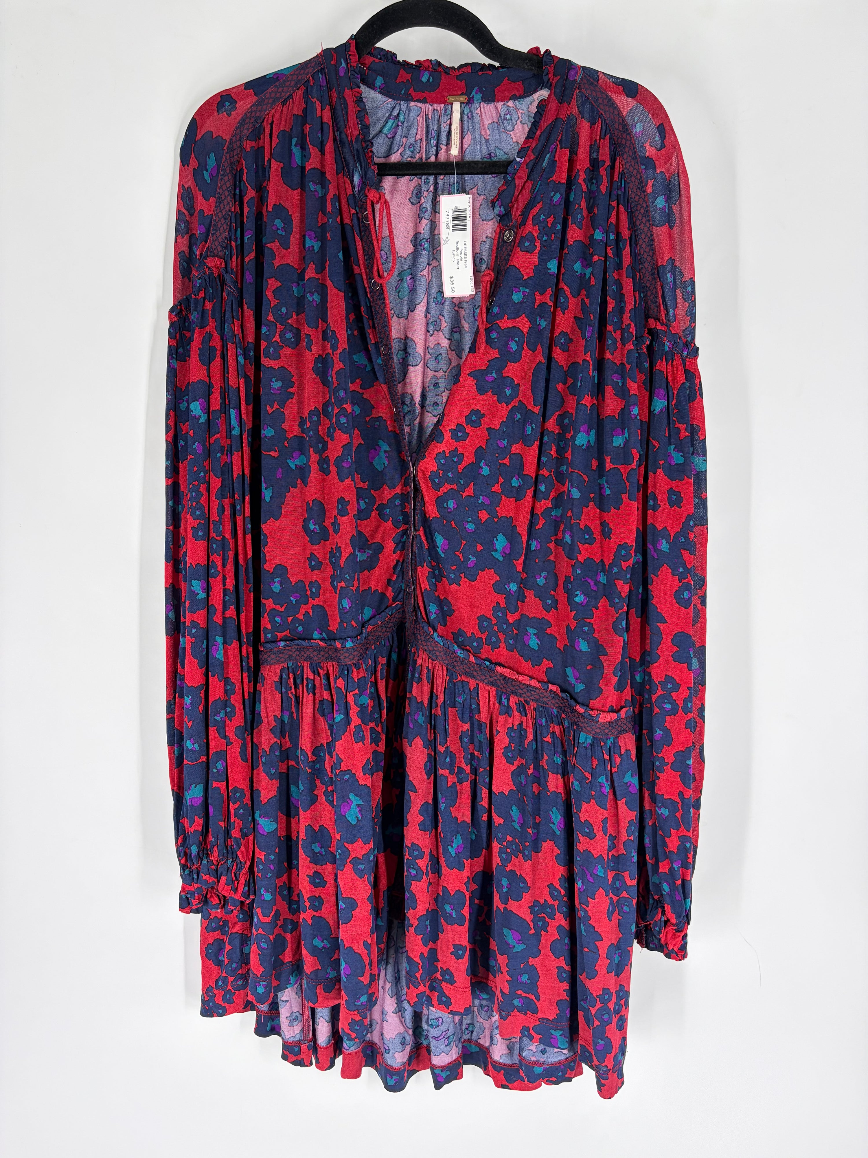 Red Free People floral sheer tunic, S