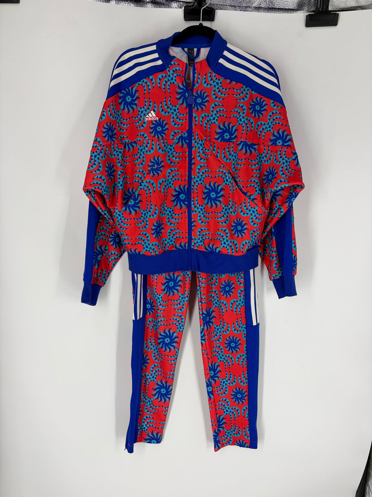 Red Adidas patterned track suit, XS