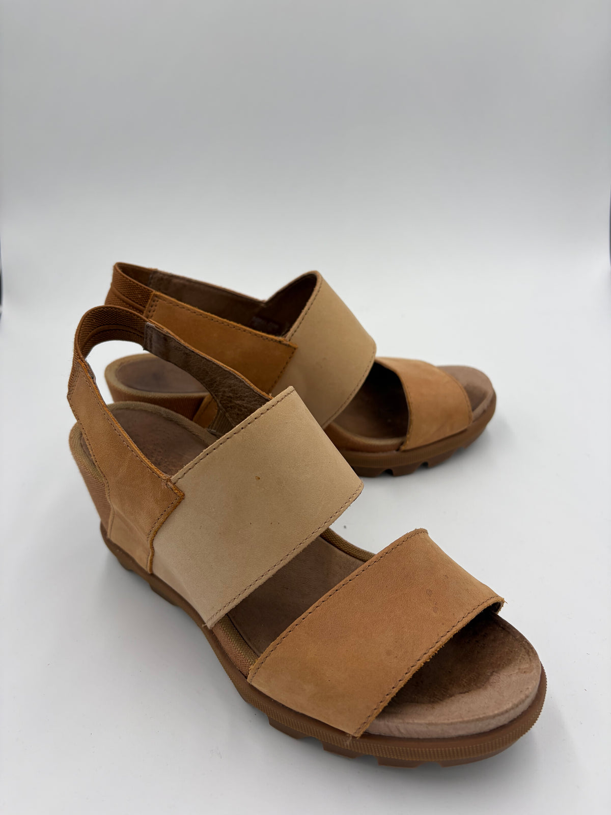 Brown Sorel Leather Strap Wedge Sandals, 7