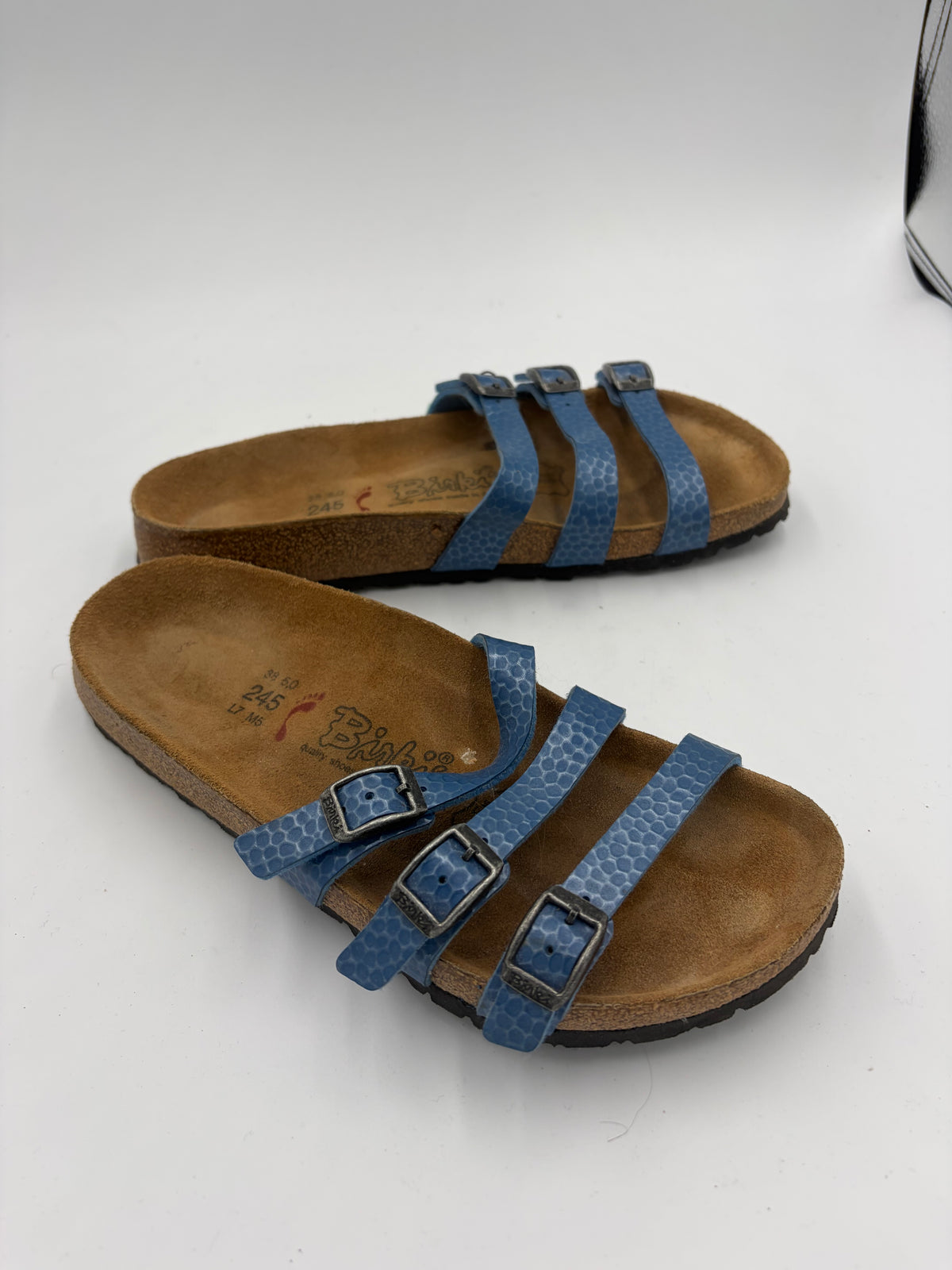 textured blue Birkenstock triple buckle narrow, 38