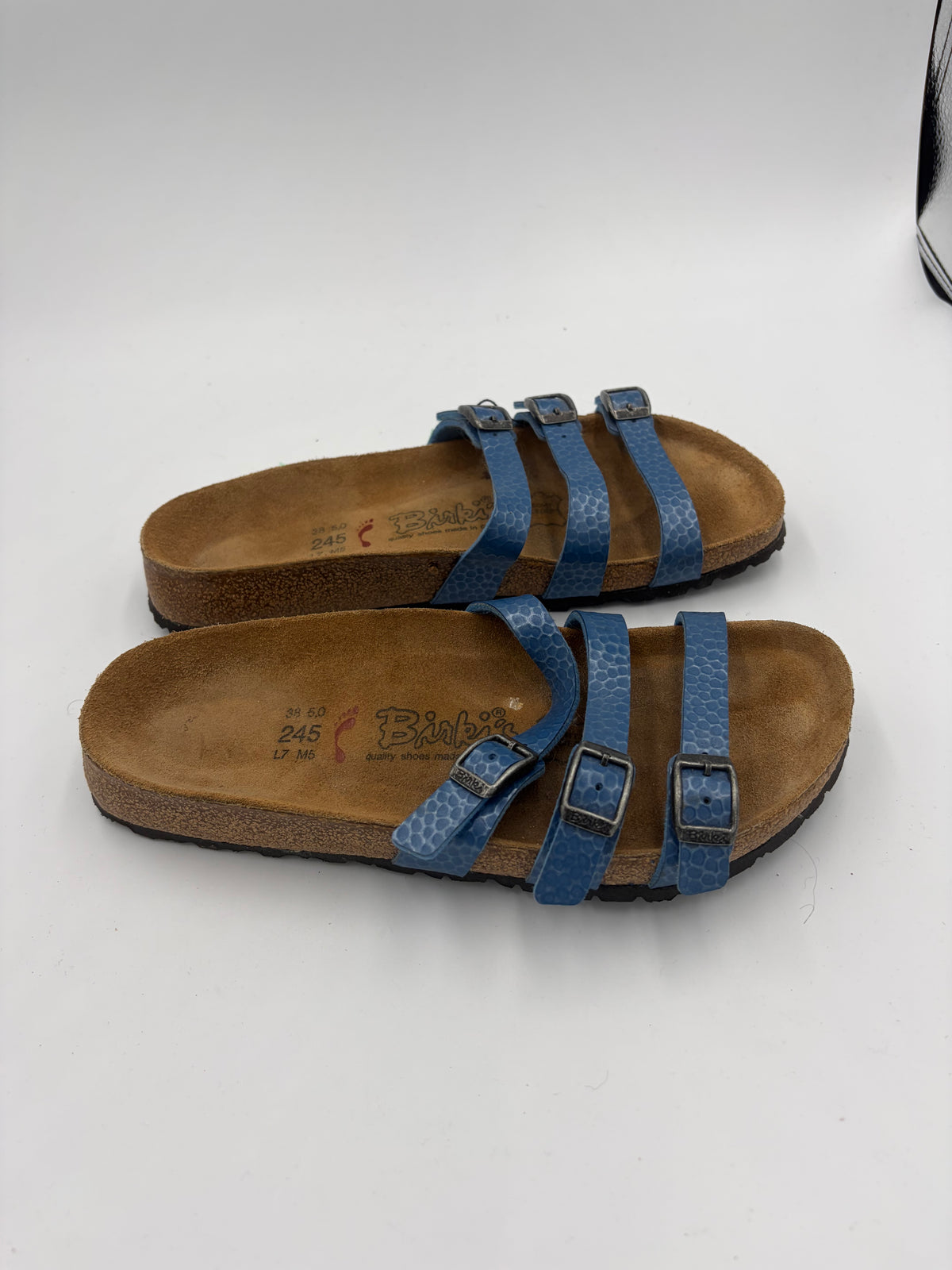 textured blue Birkenstock triple buckle narrow, 38