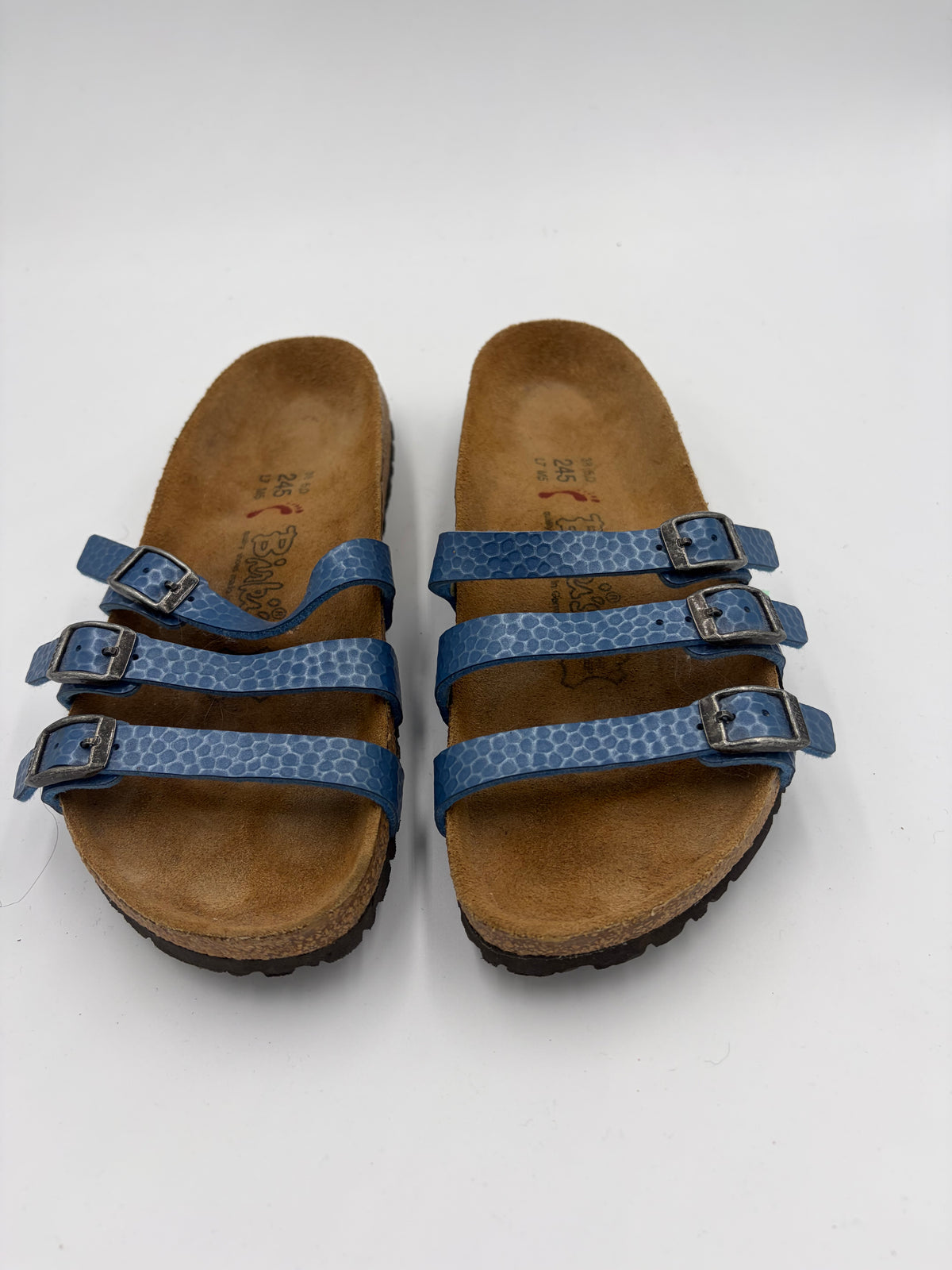 textured blue Birkenstock triple buckle narrow, 38