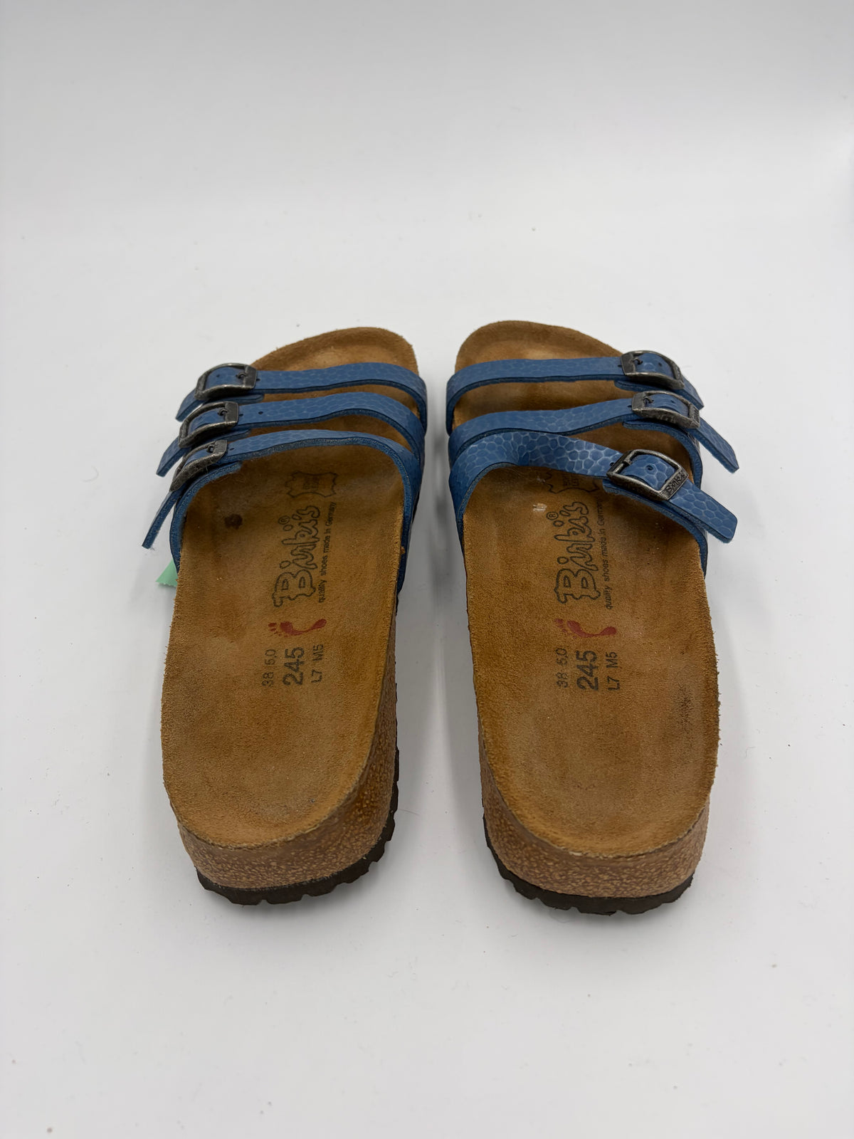 textured blue Birkenstock triple buckle narrow, 38