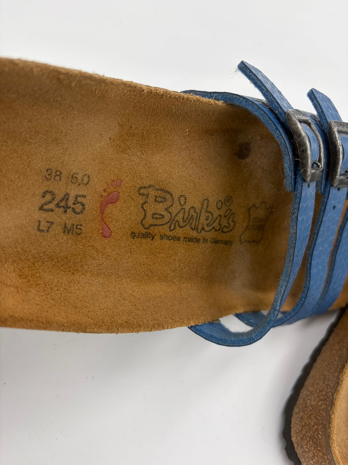 textured blue Birkenstock triple buckle narrow, 38