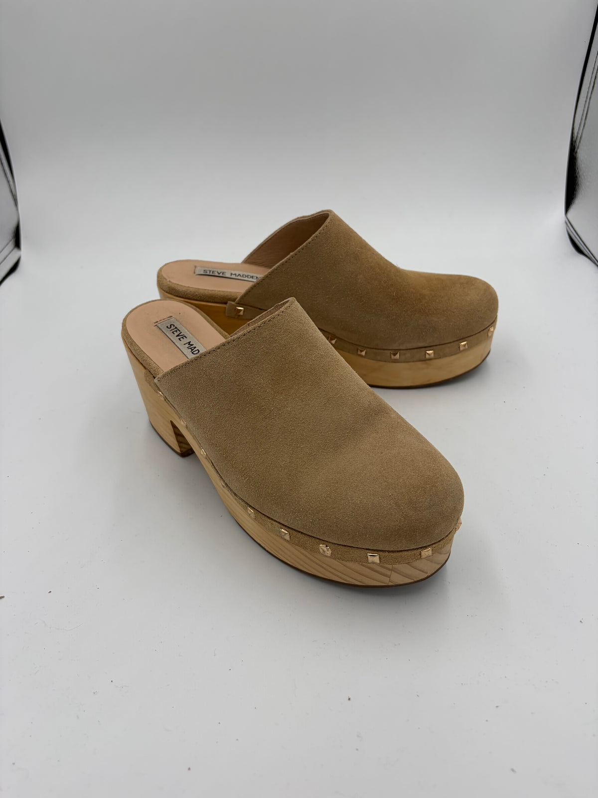 brown steve madden suede heeled mules, 8
