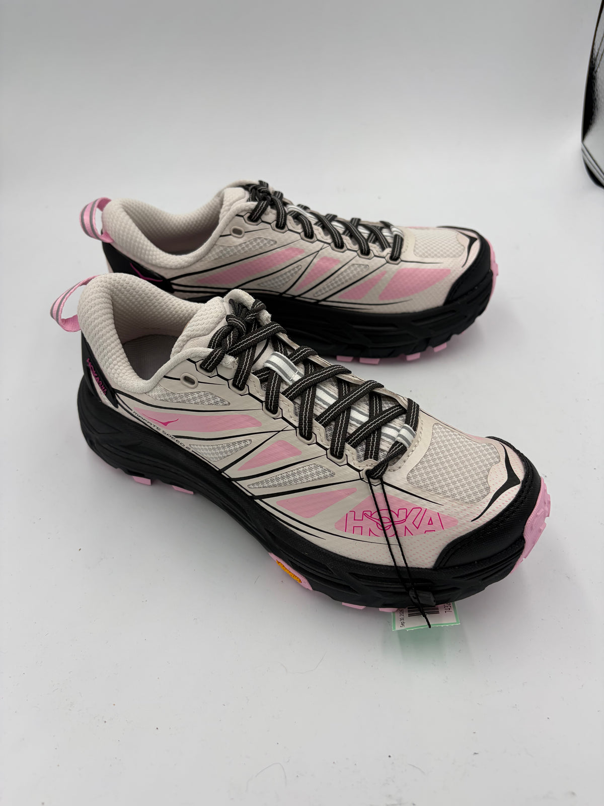 white/pink Hoka NEW Mafate Speed 2 hiking shoes, 5.5