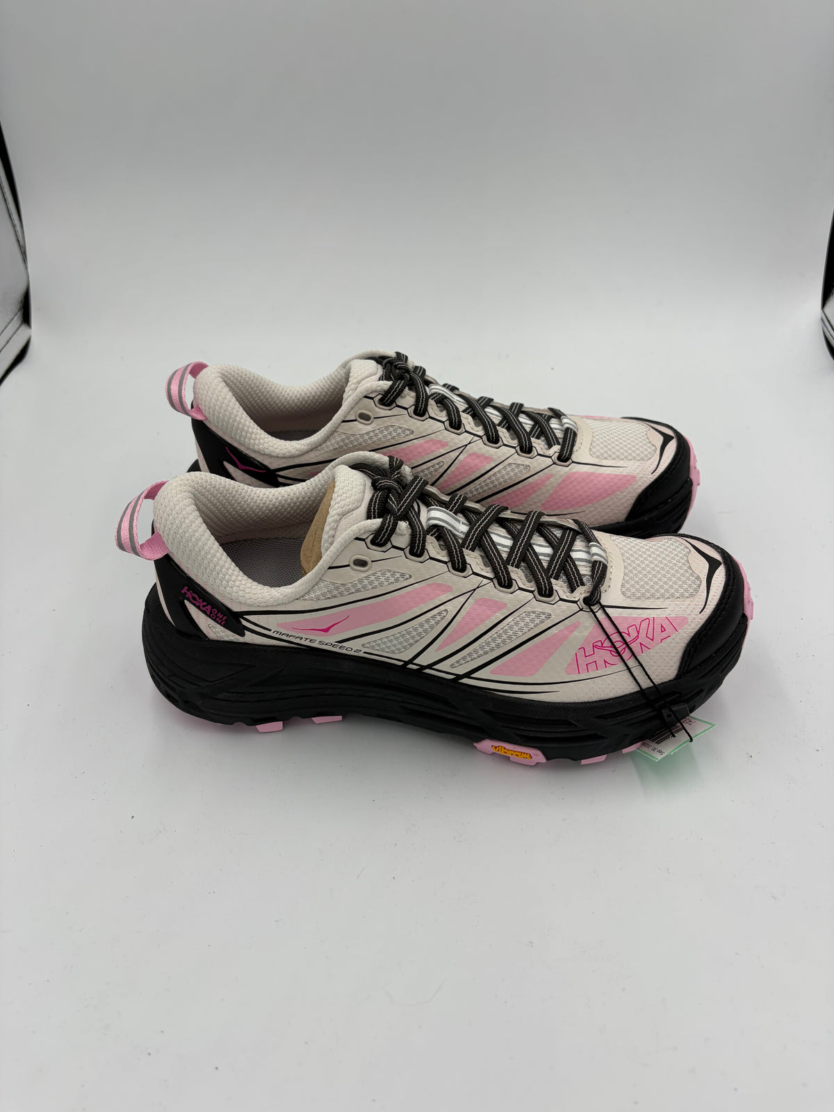 white/pink Hoka NEW Mafate Speed 2 hiking shoes, 5.5