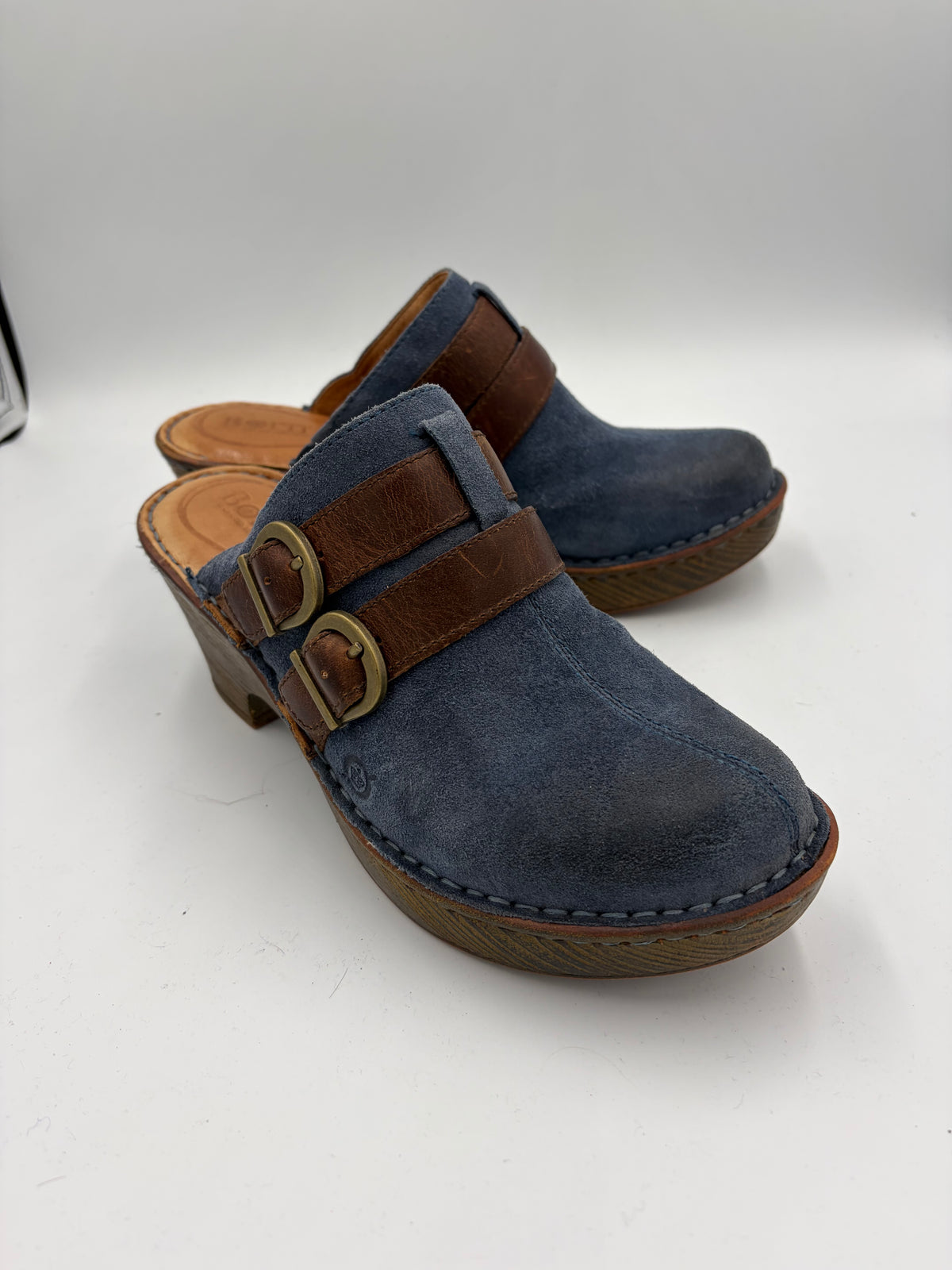 blue Born wooden suede clogs, 9M
