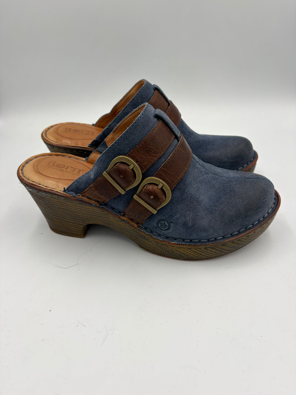 blue Born wooden suede clogs, 9M