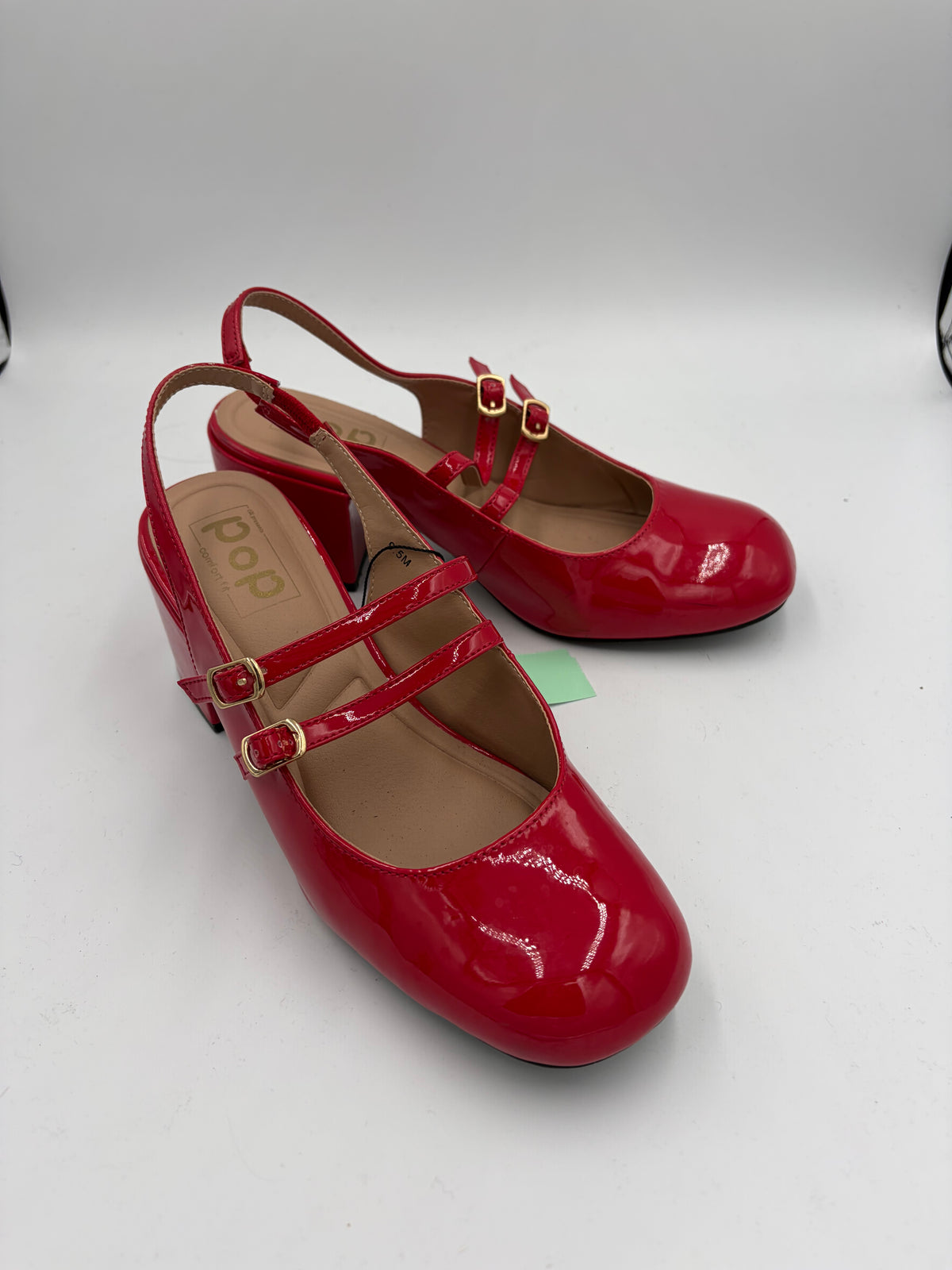 Red POP Double Buckle Block Heel, 9.5