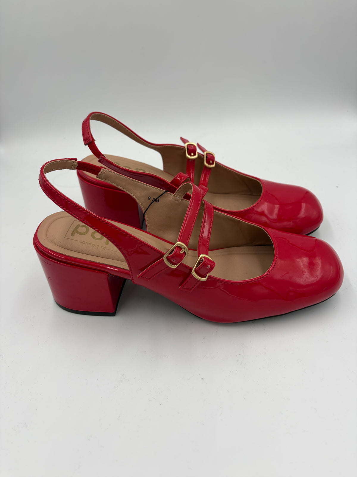 Red POP Double Buckle Block Heel, 9.5