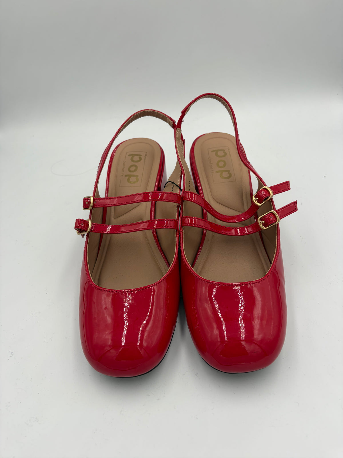 Red POP Double Buckle Block Heel, 9.5