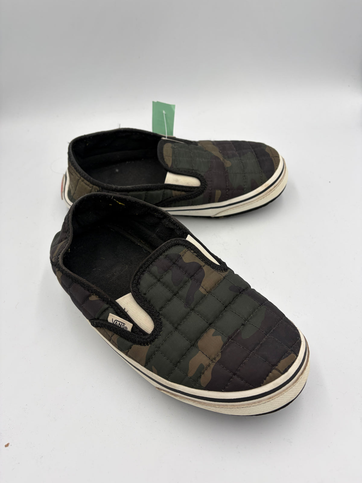Green Vans camo puffer slip ons, 9