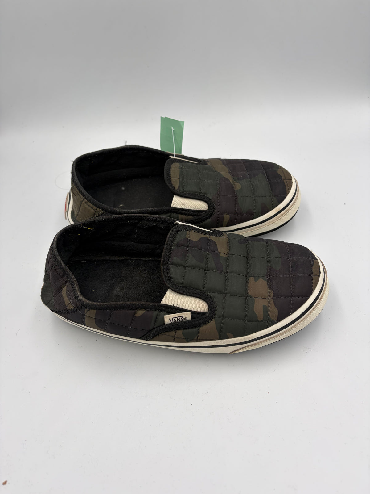 Green Vans camo puffer slip ons, 9