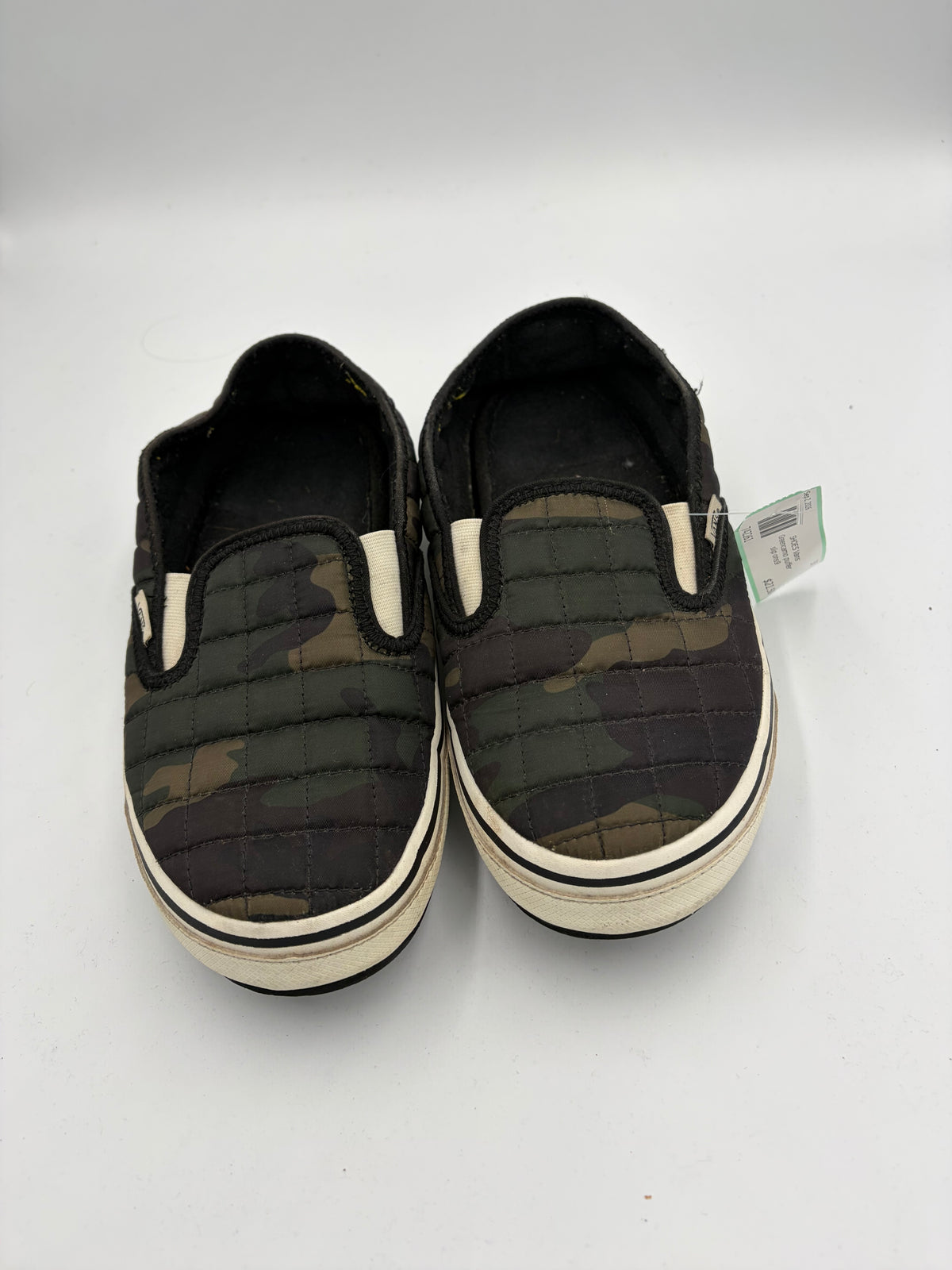 Green Vans camo puffer slip ons, 9