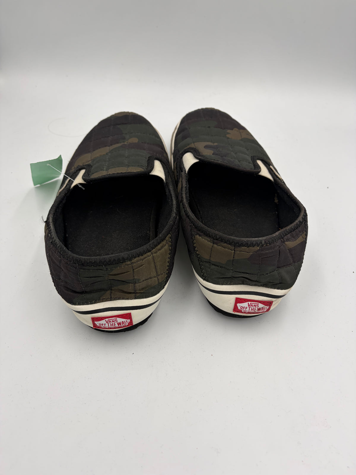 Green Vans camo puffer slip ons, 9