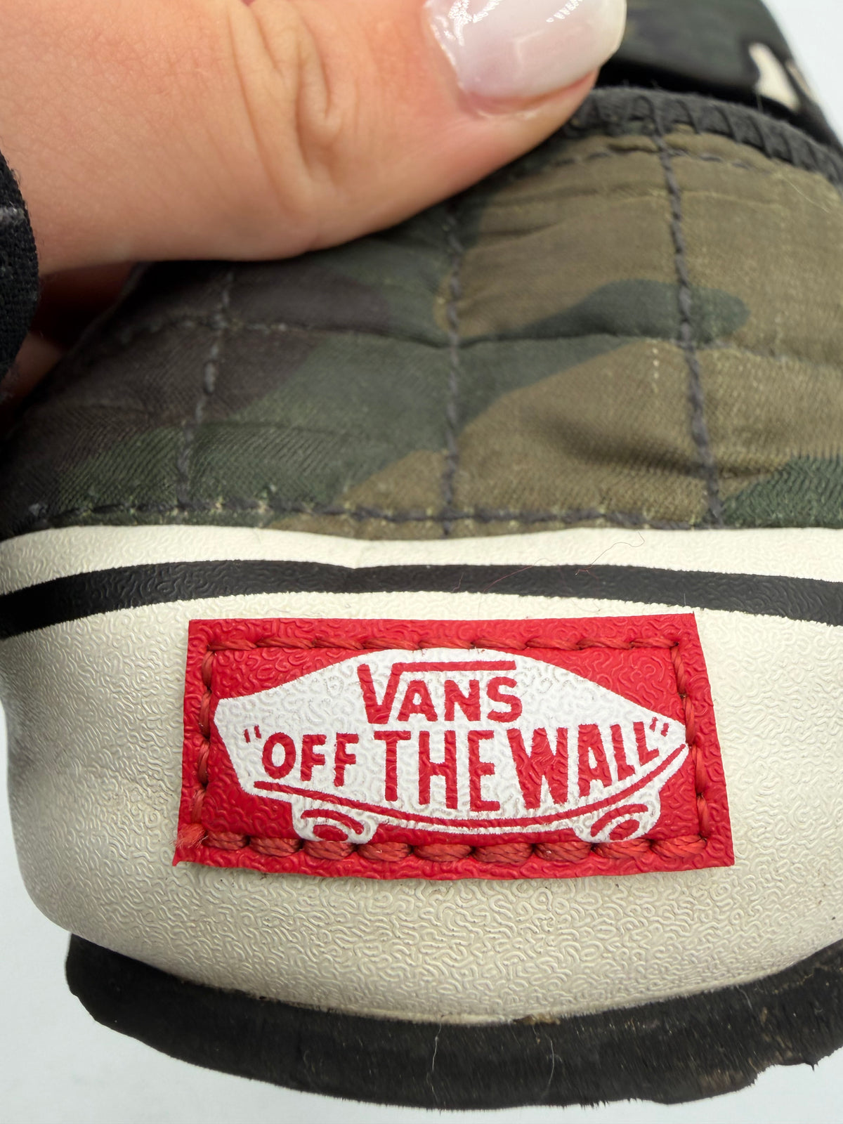 Green Vans camo puffer slip ons, 9