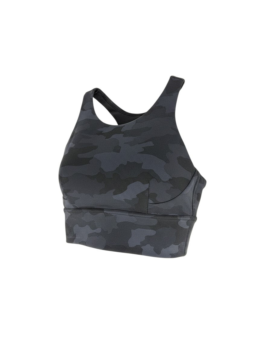 Per Diem Thrifts black Lululemon camo sports bra with a high neck and racerback design